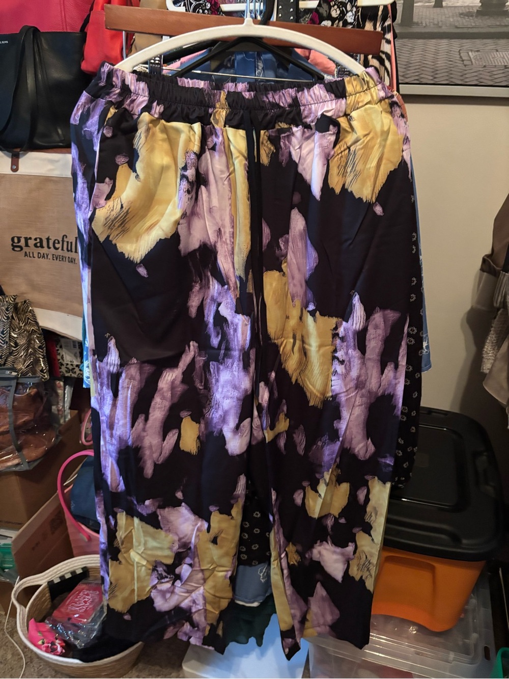 Wide Floral Pants (16-17” Waist) Black Top (23”Ptp) Sold as a Set